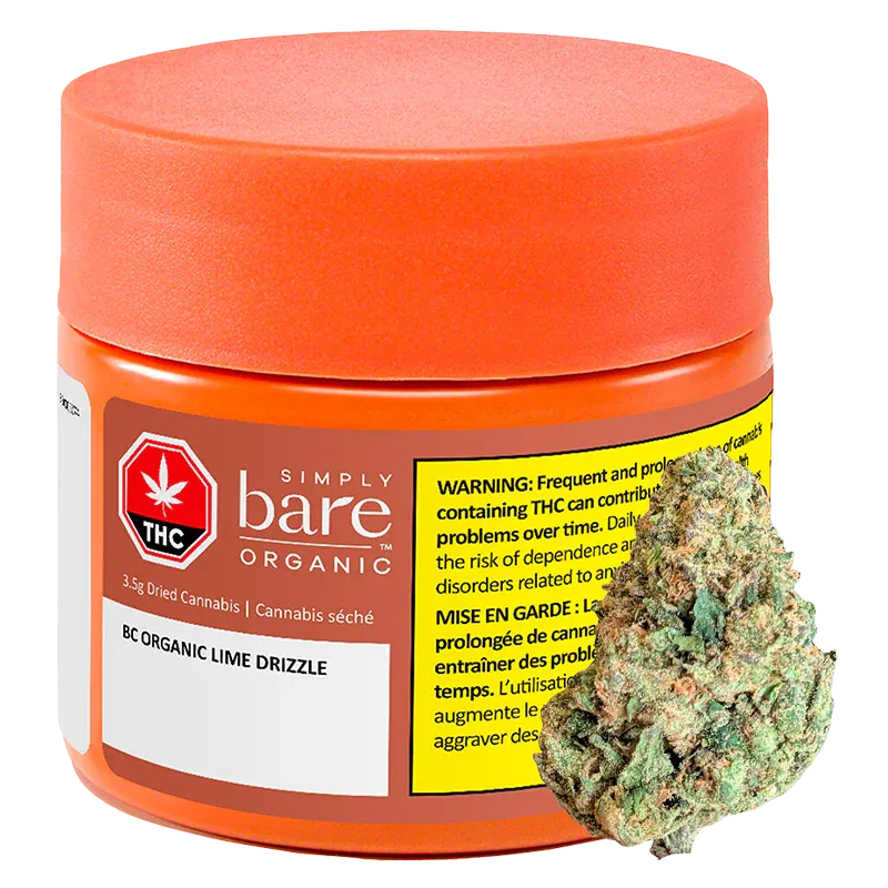 Close-up front view of a round orange jar labeled "BC Organic Lime Drizzle" from Simply Bare Organic with a cannabis bud resting against its right side.