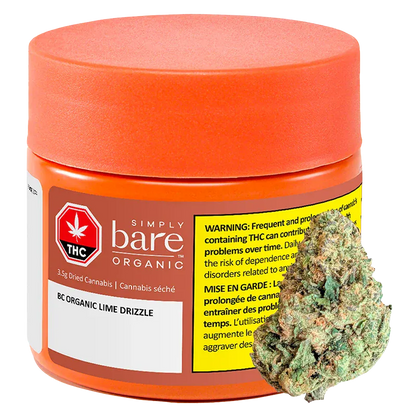 Close-up front view of a round orange jar labeled "BC Organic Lime Drizzle" from Simply Bare Organic with a cannabis bud resting against its right side.