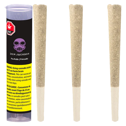 Vertical product shot showing a clear-topped tube and three beige pre-rolls, labeled Banjo PR 3 x 0.5 g.