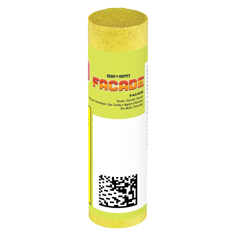 Tall, front-facing image of the cylindrical Facade PR 7 x 0.5 g tube with bright yellow-green label, visible logo and QR code.