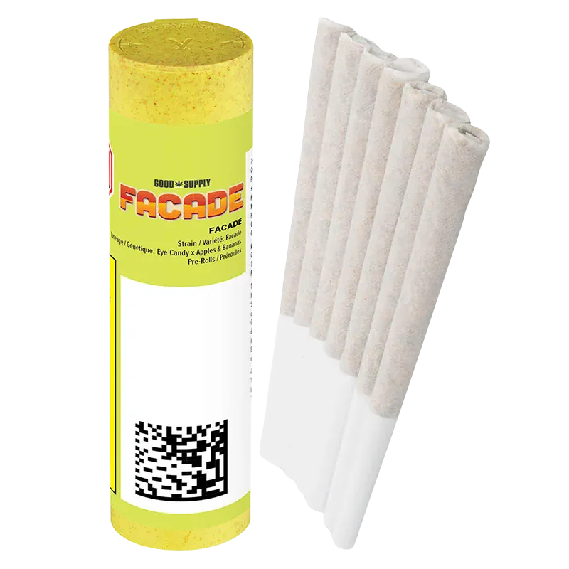 Vertical product shot of a yellow-lidded Facade PR 7 x 0.5 g tube standing beside seven white pre-rolls arranged in a neat row.