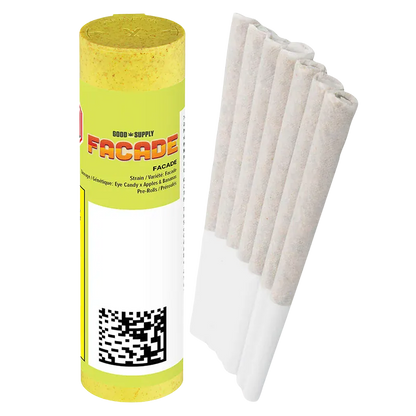Vertical product shot of a yellow-lidded Facade PR 7 x 0.5 g tube standing beside seven white pre-rolls arranged in a neat row.