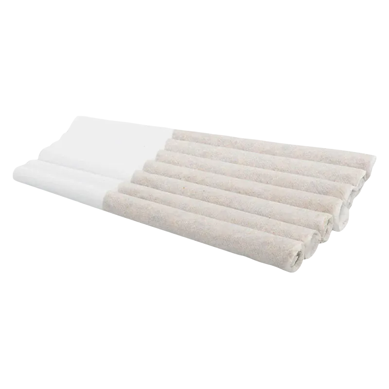 Angled close-up of a row of beige pre-rolled sticks on white tubes, labeled Facade PR 7 x 0.5 g.