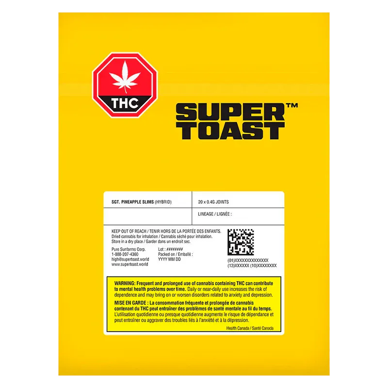 Yellow front-facing pouch with a red THC stop sign and bold SUPER TOAST logo, labeled Sgt. Pineapple Slims PR 20 x 0.4 g above a white info panel.