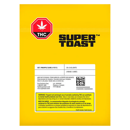 Yellow front-facing pouch with a red THC stop sign and bold SUPER TOAST logo, labeled Sgt. Pineapple Slims PR 20 x 0.4 g above a white info panel.