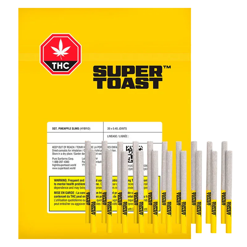 Bright frontal shot of a yellow packet and lined pre-rolls featuring the brand and name "Sgt. Pineapple Slims PR 20 x 0.4 g" arranged upright against a white background.