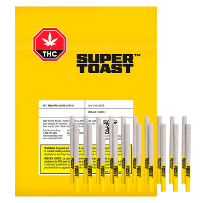 Bright frontal shot of a yellow packet and lined pre-rolls featuring the brand and name "Sgt. Pineapple Slims PR 20 x 0.4 g" arranged upright against a white background.