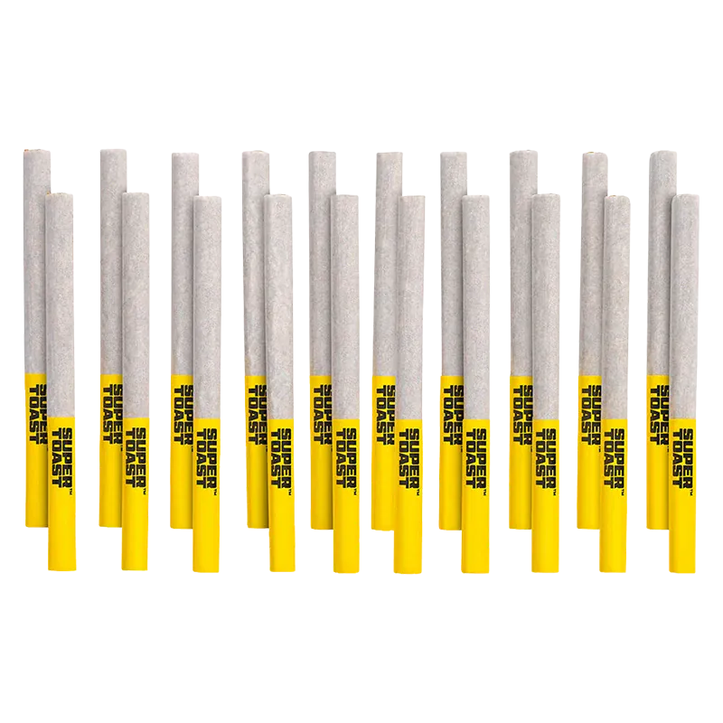 Row of white pre-rolled cones with bright yellow filters labeled "SUPER TOAST," photographed front-on as the Sgt. Pineapple Slims PR 20 x 0.4 g are evenly spaced against a white background.