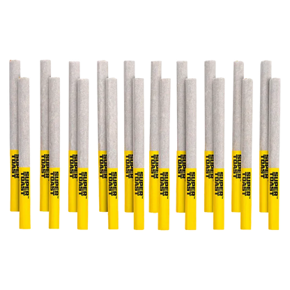 Row of white pre-rolled cones with bright yellow filters labeled "SUPER TOAST," photographed front-on as the Sgt. Pineapple Slims PR 20 x 0.4 g are evenly spaced against a white background.