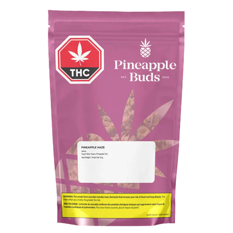 Front-facing photo of the magenta Pineapple Buds Pineapple Haze pouch with a white label, pineapple logo, and THC warning badge.