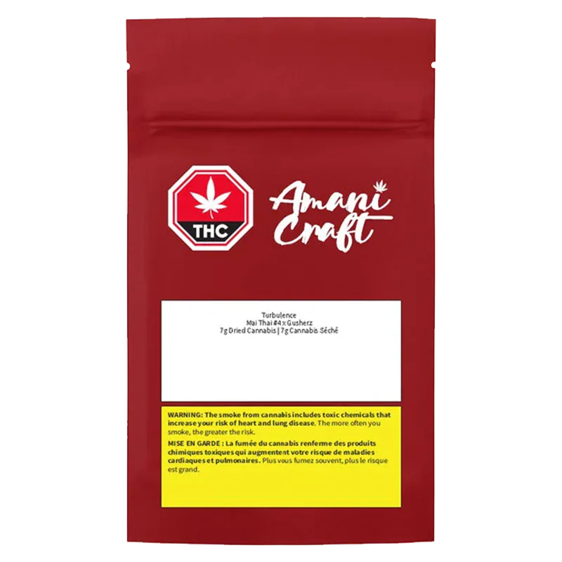 Front-facing image of a red pouch labeled "Turbulence" from Amani Craft with a white logo, THC symbol, and a yellow warning box.