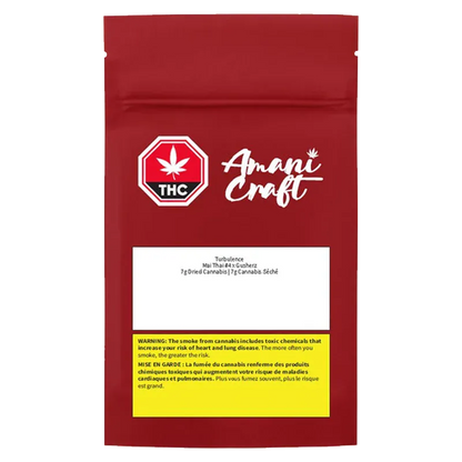 Front-facing image of a red pouch labeled "Turbulence" from Amani Craft with a white logo, THC symbol, and a yellow warning box.
