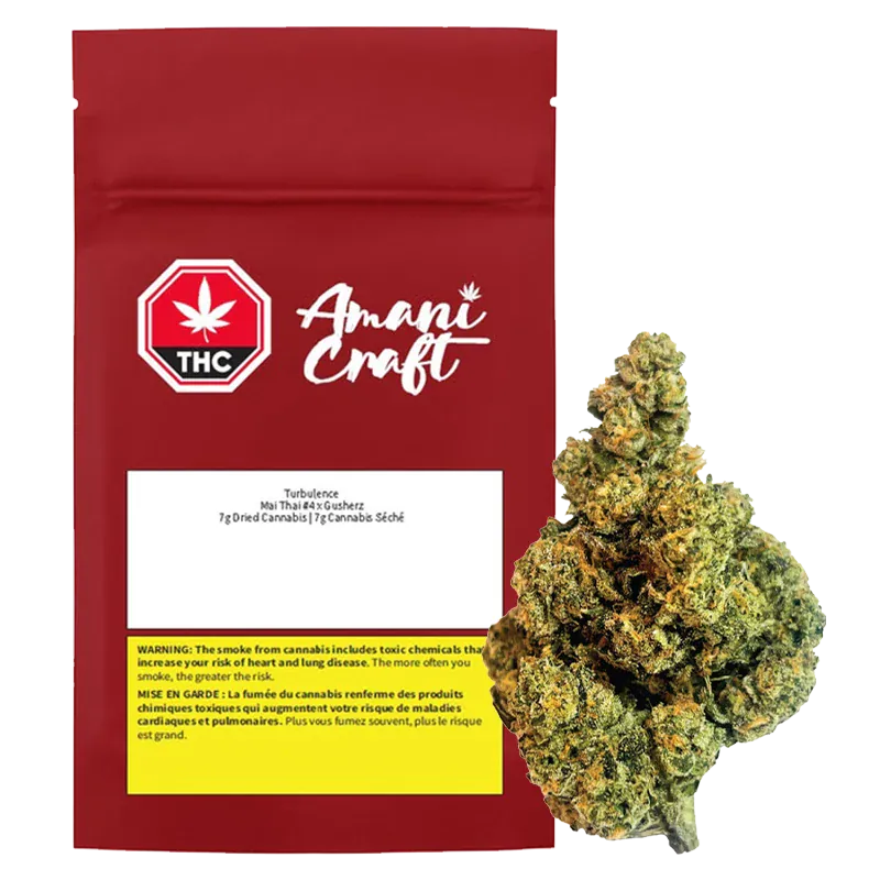 Front view of the red Amani Craft Turbulence pouch with white logo and a 7 g cannabis nugget placed to its right.