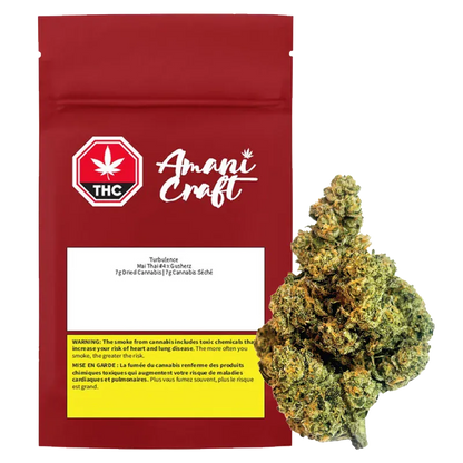 Front view of the red Amani Craft Turbulence pouch with white logo and a 7 g cannabis nugget placed to its right.