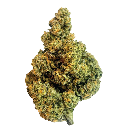 Close-up of a dense, light-green Turbulence cannabis bud with orange pistils and frosty trichomes against a white background.