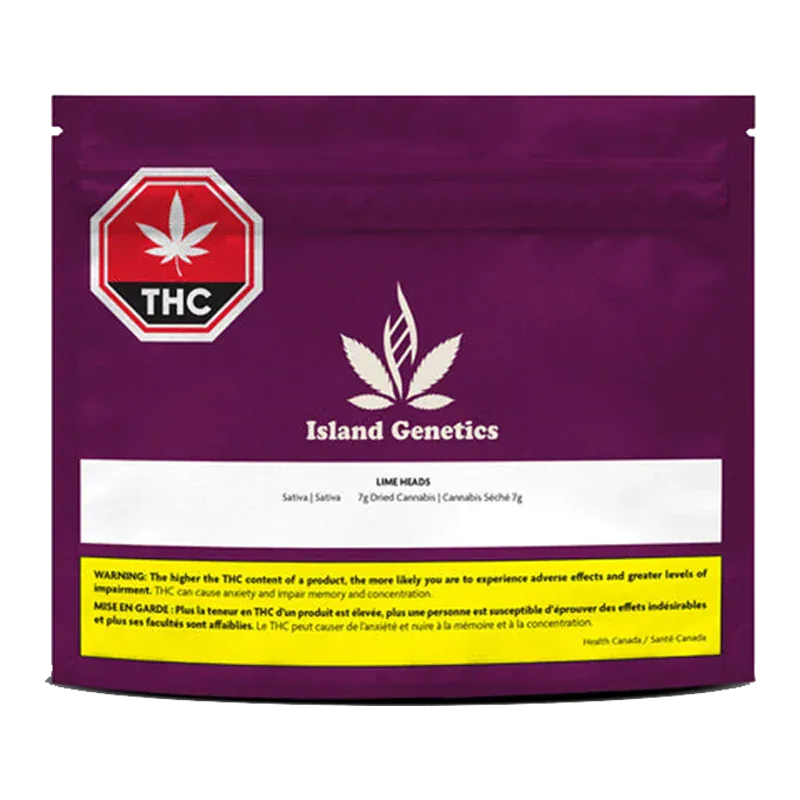 Front-facing view of the purple pouch labeled Island Genetics Lime Heads with a white logo, THC stop sign, and yellow warning panel.
