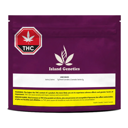 Front-facing view of the purple pouch labeled Island Genetics Lime Heads with a white logo, THC stop sign, and yellow warning panel.