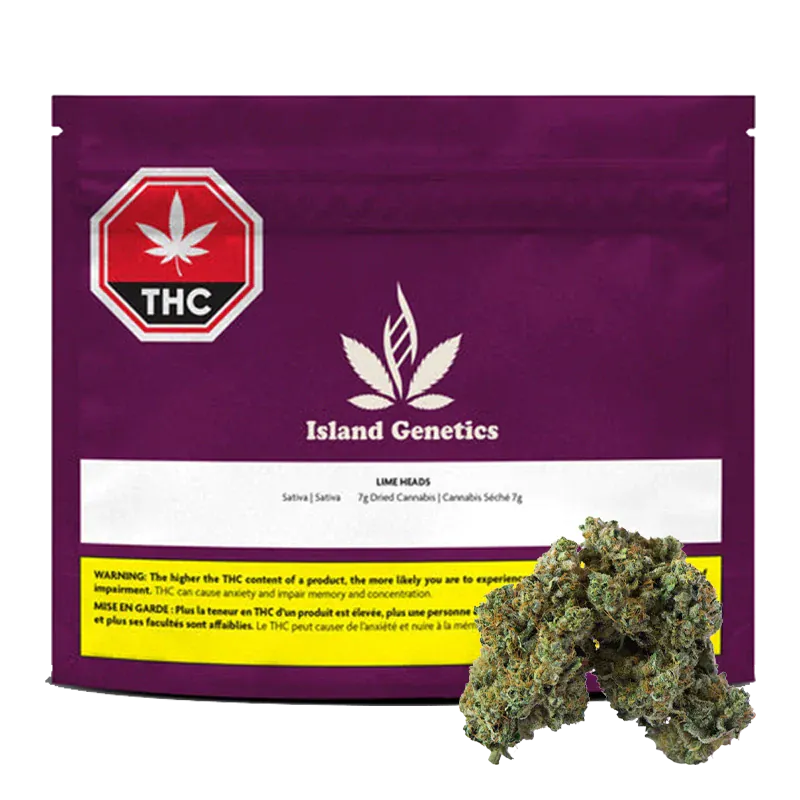 Front-facing shot of the purple pouch and visible buds labeled Island Genetics Lime Heads, with a THC stop-sign icon at top left.