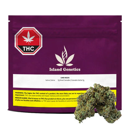 Front-facing shot of the purple pouch and visible buds labeled Island Genetics Lime Heads, with a THC stop-sign icon at top left.