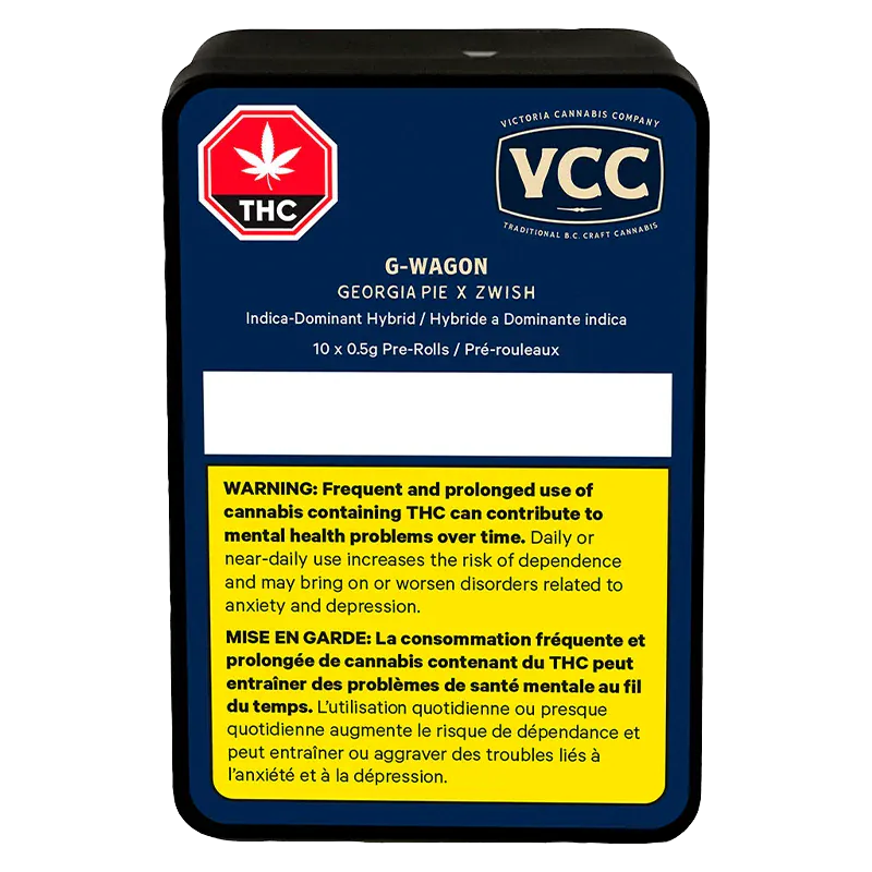 Front-facing image of the G-Wagon PR 10 x 0.5 g tin with navy label, VCC logo at top and a prominent yellow THC warning panel.