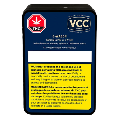 Front-facing image of the G-Wagon PR 10 x 0.5 g tin with navy label, VCC logo at top and a prominent yellow THC warning panel.