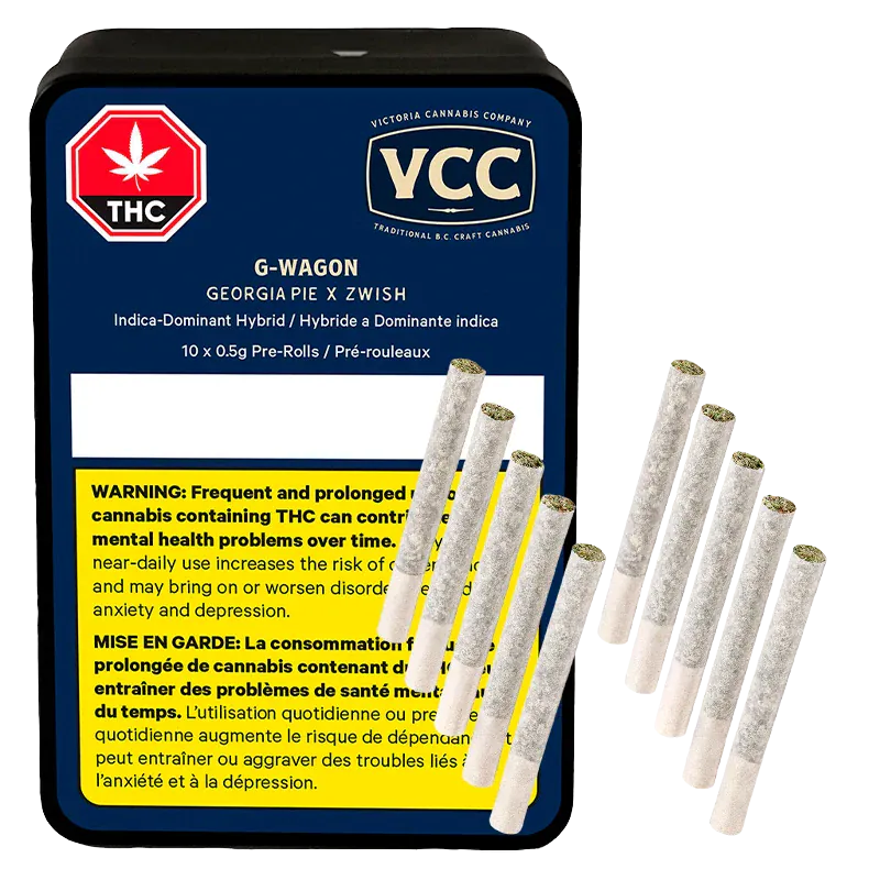 Top-down view of a navy tin labeled VCC G-Wagon PR 10 x 0.5 g with ten rolled pre-rolls fanned beside it.