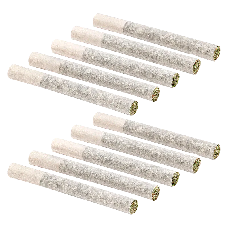 Angled top-down view of ten G-Wagon PR 10 x 0.5 g pre-rolled joints laid in two staggered rows on a white background, showing paper filters and packed herb ends.