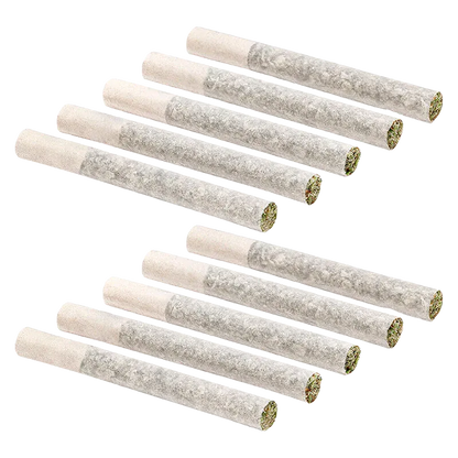 Angled top-down view of ten G-Wagon PR 10 x 0.5 g pre-rolled joints laid in two staggered rows on a white background, showing paper filters and packed herb ends.