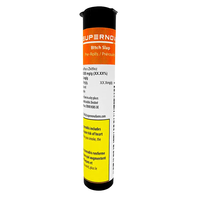 Tall front-facing tube against a white background labeled "B!tch Slap PR 3 x 0.5 g," showing orange brand header and yellow warning box on the label.