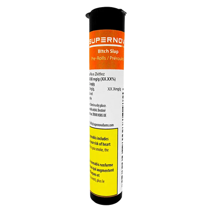 Tall front-facing tube against a white background labeled "B!tch Slap PR 3 x 0.5 g," showing orange brand header and yellow warning box on the label.