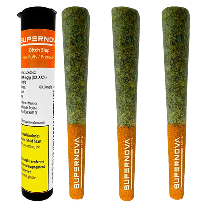 Close-up front view of a Supernova B!tch Slap PR 3 x 0.5 g pre-roll tube and three matching orange-filtered pre-rolls standing upright on a white background.
