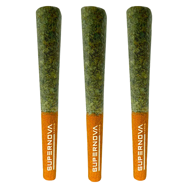 Three upright pre-rolls photographed front-on against white, labeled "B!tch Slap PR 3 x 0.5 g" with orange branded tips.