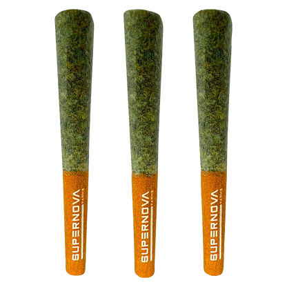 Three upright pre-rolls photographed front-on against white, labeled "B!tch Slap PR 3 x 0.5 g" with orange branded tips.