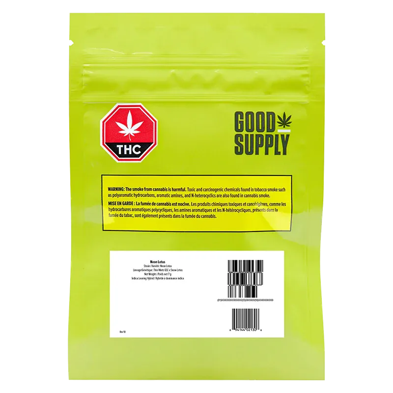 Rear view of the bright lime-green Good Supply Neon Lotus pouch with warning box, THC symbol, and a barcode panel.