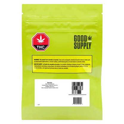 Rear view of the bright lime-green Good Supply Neon Lotus pouch with warning box, THC symbol, and a barcode panel.