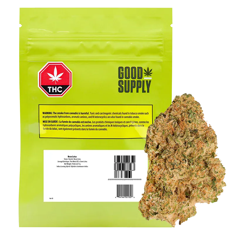 Front-facing lime-green pouch with a THC symbol and a cannabis bud beside it, labeled "Neon Lotus."