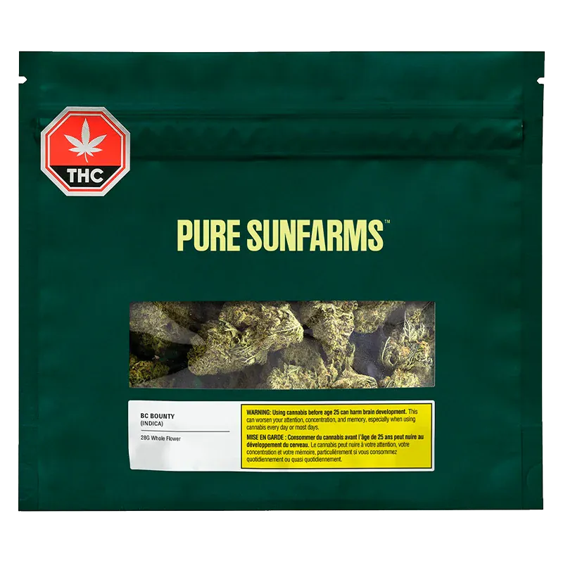 Front-facing image of a dark green pouch labeled "Pure Sunfarms" with a clear window showing dried cannabis and a red THC symbol titled "Purple Fog".