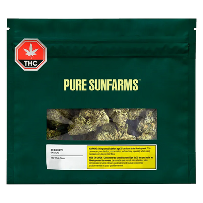 Front-facing image of a dark green pouch labeled "Pure Sunfarms" with a clear window showing dried cannabis and a red THC symbol titled "Purple Fog".