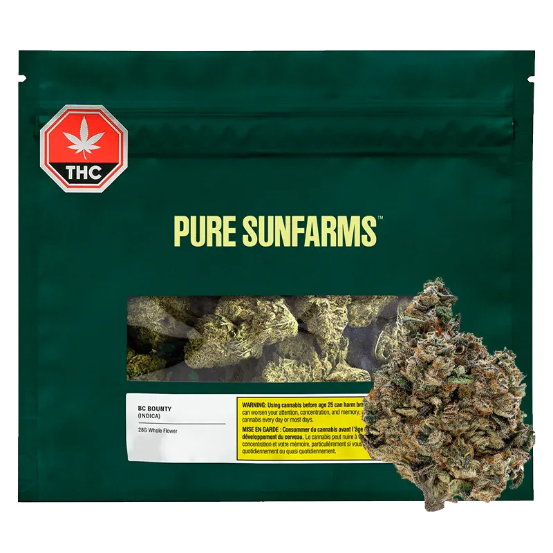 Front-facing pouch with a clear window showing cannabis buds and a single nugget in front, labeled Pure Sunfarms Purple Fog.