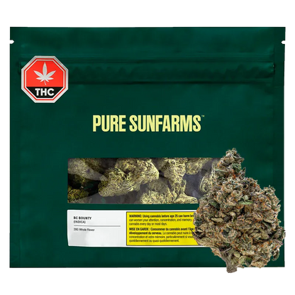 Front-facing pouch with a clear window showing cannabis buds and a single nugget in front, labeled Pure Sunfarms Purple Fog.