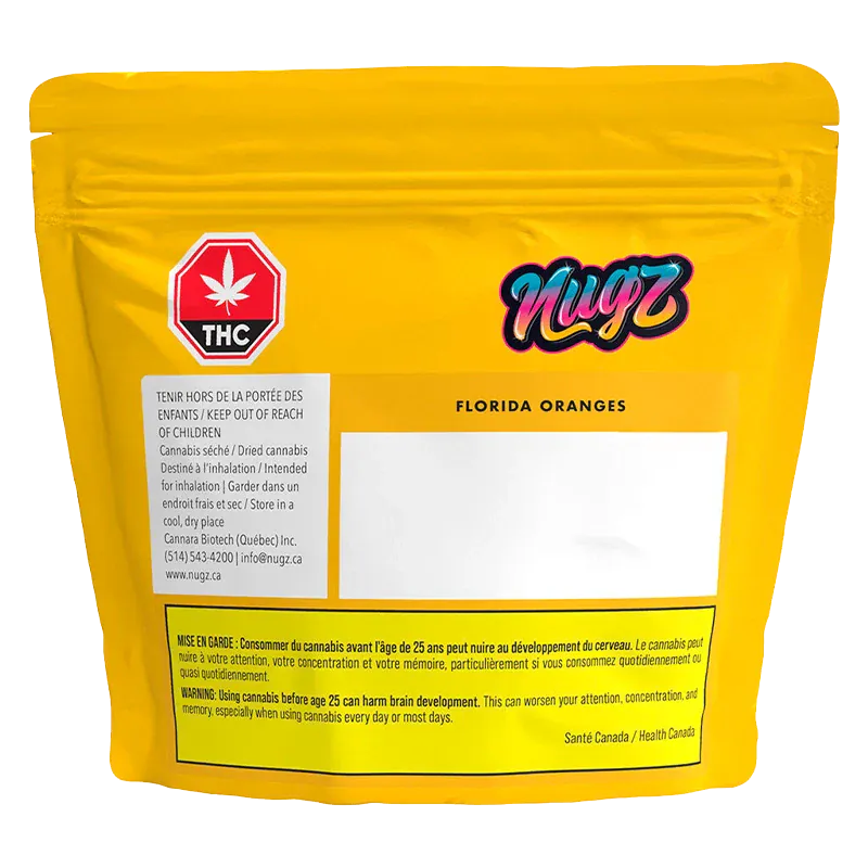 Front-facing yellow pouch labeled "Nugz Florida Oranges" with a THC symbol, blank white label area, and warning text at the bottom.