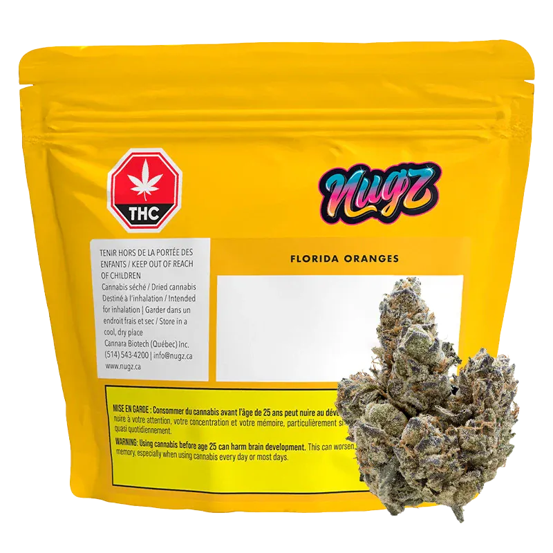 Front-facing shot of a yellow resealable pouch labeled "Nugz Florida Oranges" with a THC symbol and a cannabis bud pictured at the lower right.
