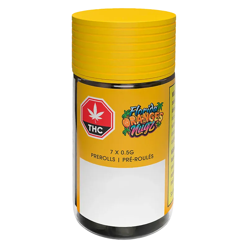 Front view of the yellow-capped Florida Oranges PR 7 x 0.5 g container with its logo and THC symbol on a white backdrop.