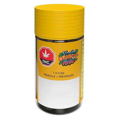 Front view of the yellow-capped Florida Oranges PR 7 x 0.5 g container with its logo and THC symbol on a white backdrop.