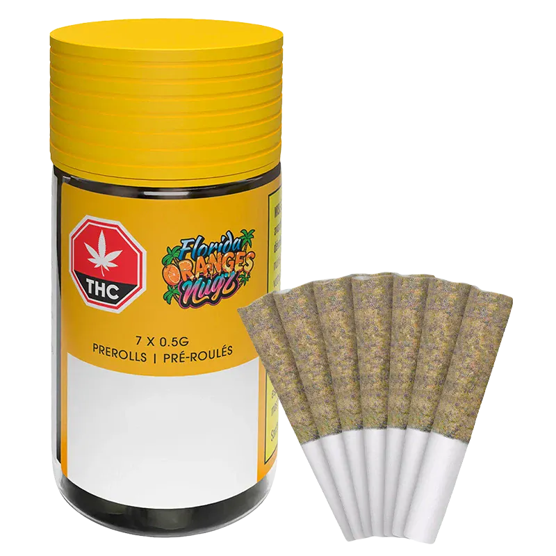 Front view of the yellow-lidded Florida Oranges PR 7 x 0.5 g jar with seven cone-shaped pre-rolls fanned beside it.