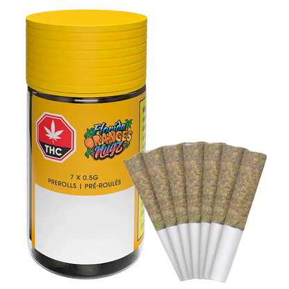 Front view of the yellow-lidded Florida Oranges PR 7 x 0.5 g jar with seven cone-shaped pre-rolls fanned beside it.