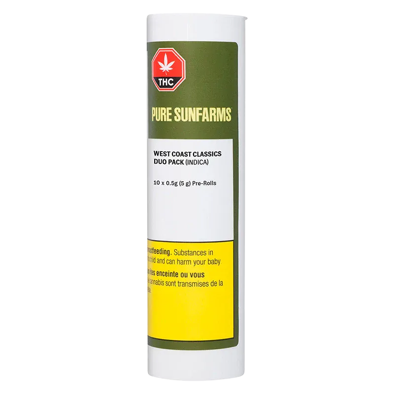 Tall front view of a white tube labeled "West Coast Classics Duo Pack PR 10 x 0.5 g" with green, white and yellow panels and a red THC symbol.