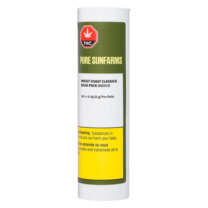Tall front view of a white tube labeled "West Coast Classics Duo Pack PR 10 x 0.5 g" with green, white and yellow panels and a red THC symbol.