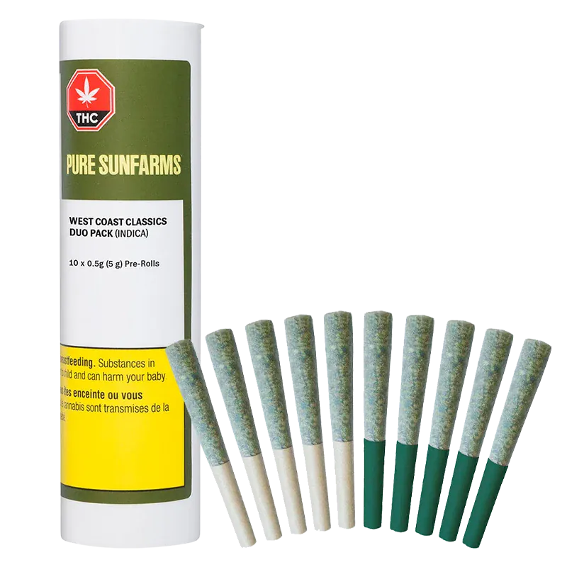 Front-facing shot of a white tube and lined pre-rolls labeled "West Coast Classics Duo Pack PR 10 x 0.5 g" with green accents and a yellow warning panel.