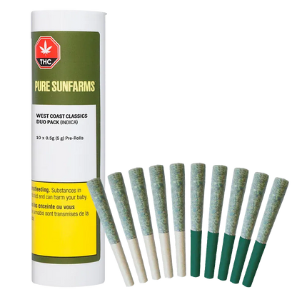 Front-facing shot of a white tube and lined pre-rolls labeled "West Coast Classics Duo Pack PR 10 x 0.5 g" with green accents and a yellow warning panel.